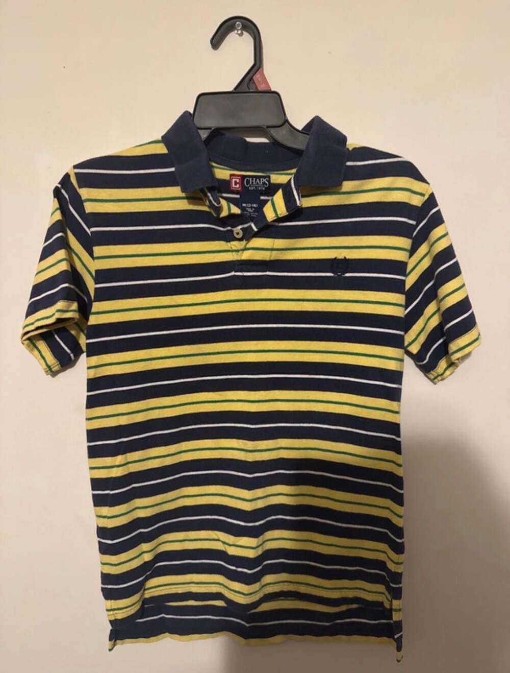 Chaps Boys Navy Blue Yellow Green Striped Short Sleeve Polo Shirt Size M (12-14)